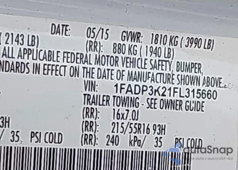 2015 Ford Focus Se z USA, uszkodzony, nr VIN 1FADP3K21FL315660